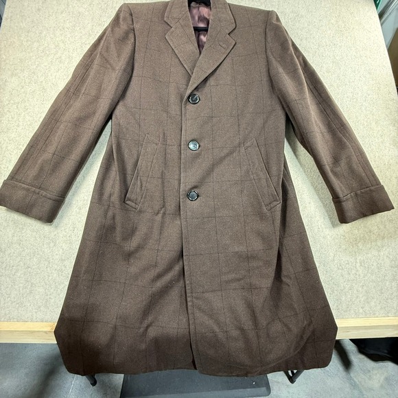 Hart Schaffner Marx Silverwoods Motor Coat Brown Windowpane Check Wool Overcoat